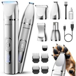 imageoneisall 4 in 1 Dog Grooming Kit with LCD Display Dog Hair Trimmer for Paw Nail Grinder Rechargeable Cordless Low Noise IPX7 Waterproof Pet Clippers