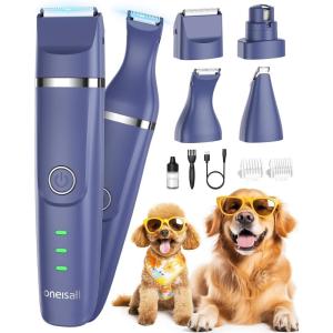 imageoneisall 4in1 Cordless Dog Grooming Kit with 2Speed Clippers Low Noise Paw Trimmer ampamp Rechargeable Quiet Nail Grinder for Dogs and Cats WhiteBlue