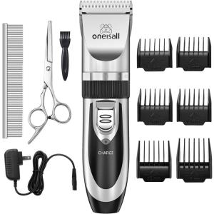 imageoneisall Dog Clipper Low Noise Dog Grooming Kit with Rechargeable Dog Shaver Cordless Electric Quiet Hair Clipper Set for Dog Cats PetsGoldSilver