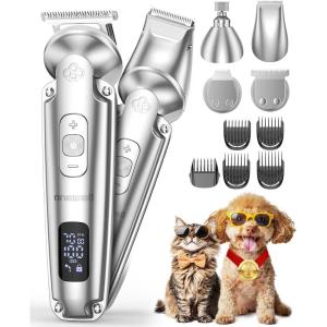 imageoneisall Small Dog Clippers and Paw Trimmer with Low Noise 4  in  1 Cordless Dog Grooming Kit with 3  Level Speed Clippers 7000 RPM for Grooming Thick Hair Waterproof Shaver for Dogs and CatsSilver